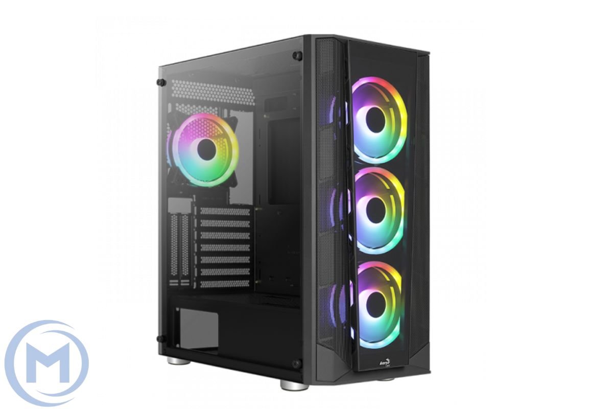 Корпус Aerocool Prism-G-BK-v3, ATX/micro ATX/mini-ITX, сталь, перед. и бок. панели закалён. стекло + 12см RGB вентиляторы x 4 шт. 216.7x477x403mm, БезБ/П,Чёрный+хаб на 6 порт. управл. ARGB-подсвет.