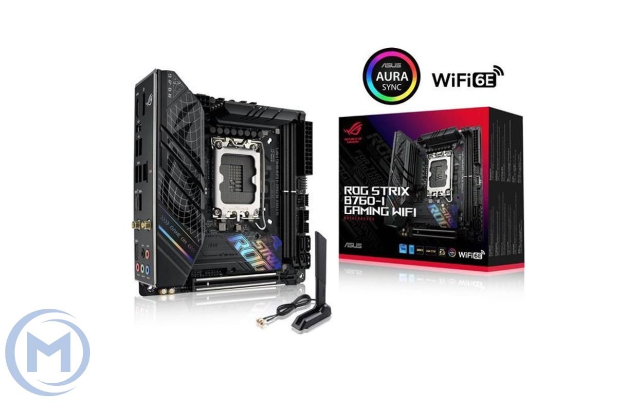 Матплата ASUS ROG STRIX B760-I GAMING WIFI, LGA1700, Intel B760, 2xDDR5 PC60800, 1xPCI-E 5.0x16, Sound8Ch, GLAN, 4SATA+2M.2, RAID, mATX, 8USB3.2+5USB2.0, 1xHDMI, DP, WiFi