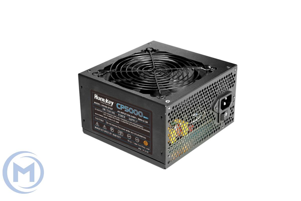 Блок питания Huntkey CP5000 HK500-57GP, 500W, ATX, APFC, 20+4pin, 4+4pin, 4*Sata, 2*Molex, 2*PCI-E 6+2pin, Вентилятор 12см, Кабель питания, Чёрный