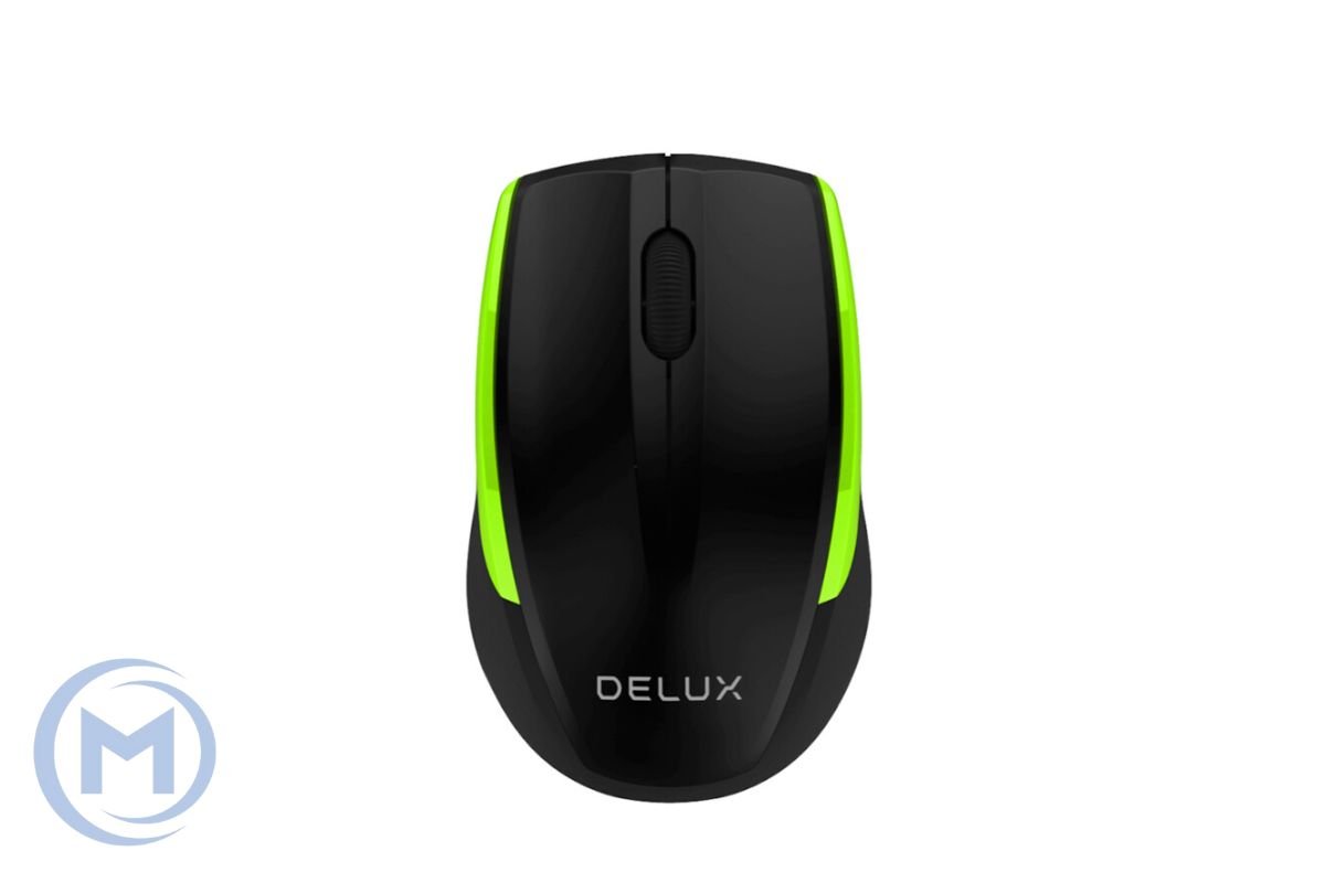 Компьютерная мышь Delux DLM-321OGB, Оптическая, 800/1000/1600 dpi,Беспроводная 2.4ГГц, Нано-ресивер, Эффективная дистанция 10 м., Чёрно-зелёный